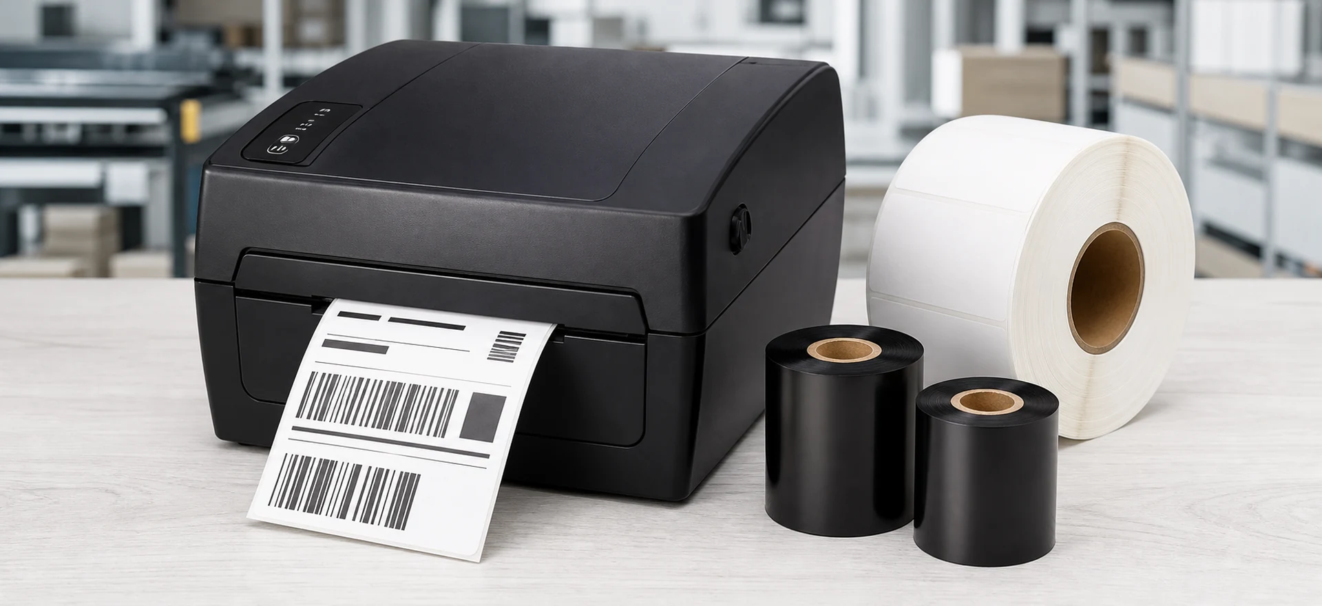 Thermal label printer with printed shipping label, label roll and thermal transfer ribbons