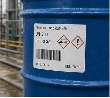 Chemical-resistant label on an outdoor industrial drum