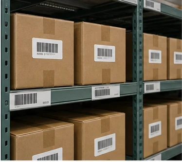 Inventory labels on warehouse shelving